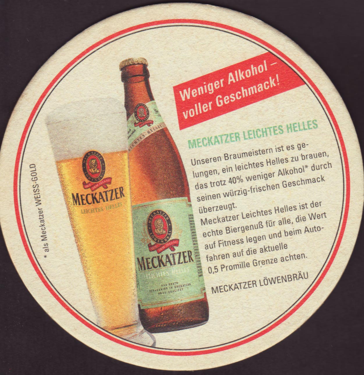 Beer coaster - Coaster number 5-1  Brewery Meckatzer Lowenbrau Benedikt  Weiss :: City - Heimenkirch-Meckatz :: Germany